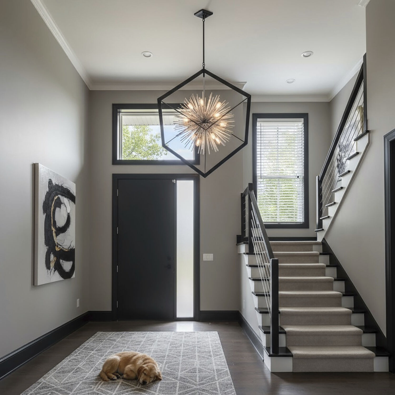 Sunburst LED 37 inch Matte Black and Chrome Chandelier Ceiling Light